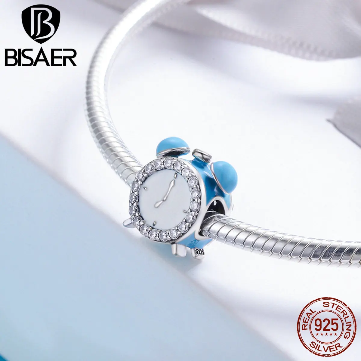 BISAER, 925 пробы, серебряные, очаровательные часы, счастливые часы, колокольчик, прозрачный CZ Шарм, бусины, подходят для браслета, браслеты, 925 серебряные ювелирные изделия ECC659