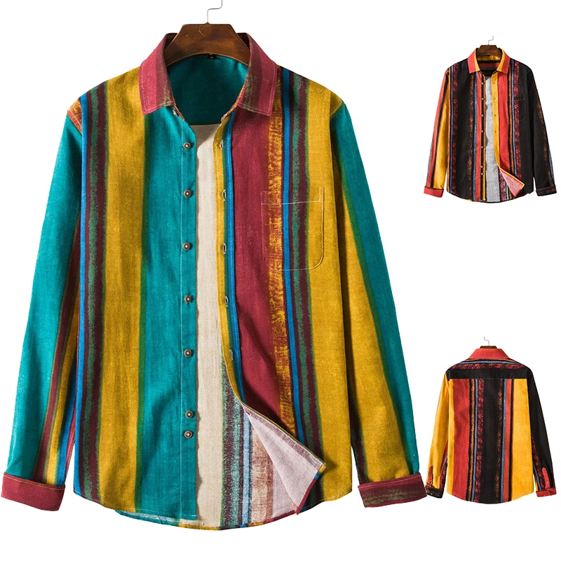 

New Trendy Fashion Men's Shirt Handsome Cotton and Linen Shirt Men's Blouse Lapel Long Sleeve Color Vertical Stripes Casual Full