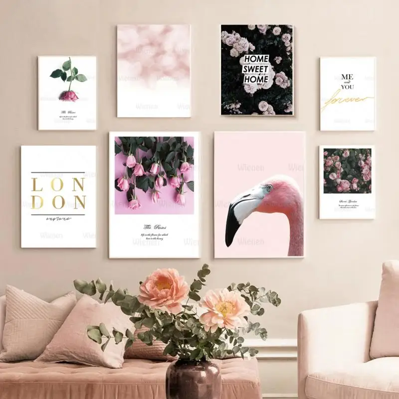 

Nordic Poster and Print Pink Flower Rose Flamingo Romantic Quotes Wall Picture Canvas Art Painting Home Decor for Living Room