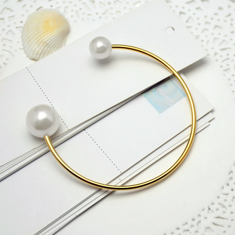 

Drop Shipping Elegant Double Pearl Cuff Bracelets For Women Simple Stainless Steel Bangles Adjustable Size 2020 New Jewelry