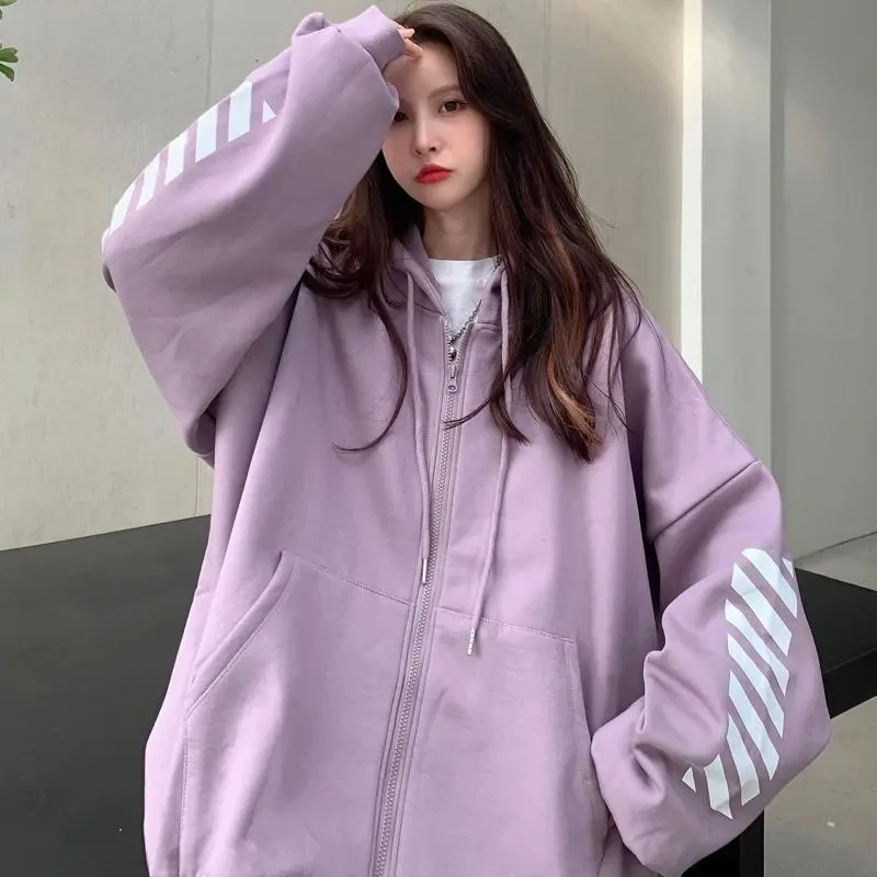 Autumn Print Hoodie Women Loose Casual Elegant Baseball Jacket Long Sleeves Lady Purple Outwear Korean Fashion Clothes New 