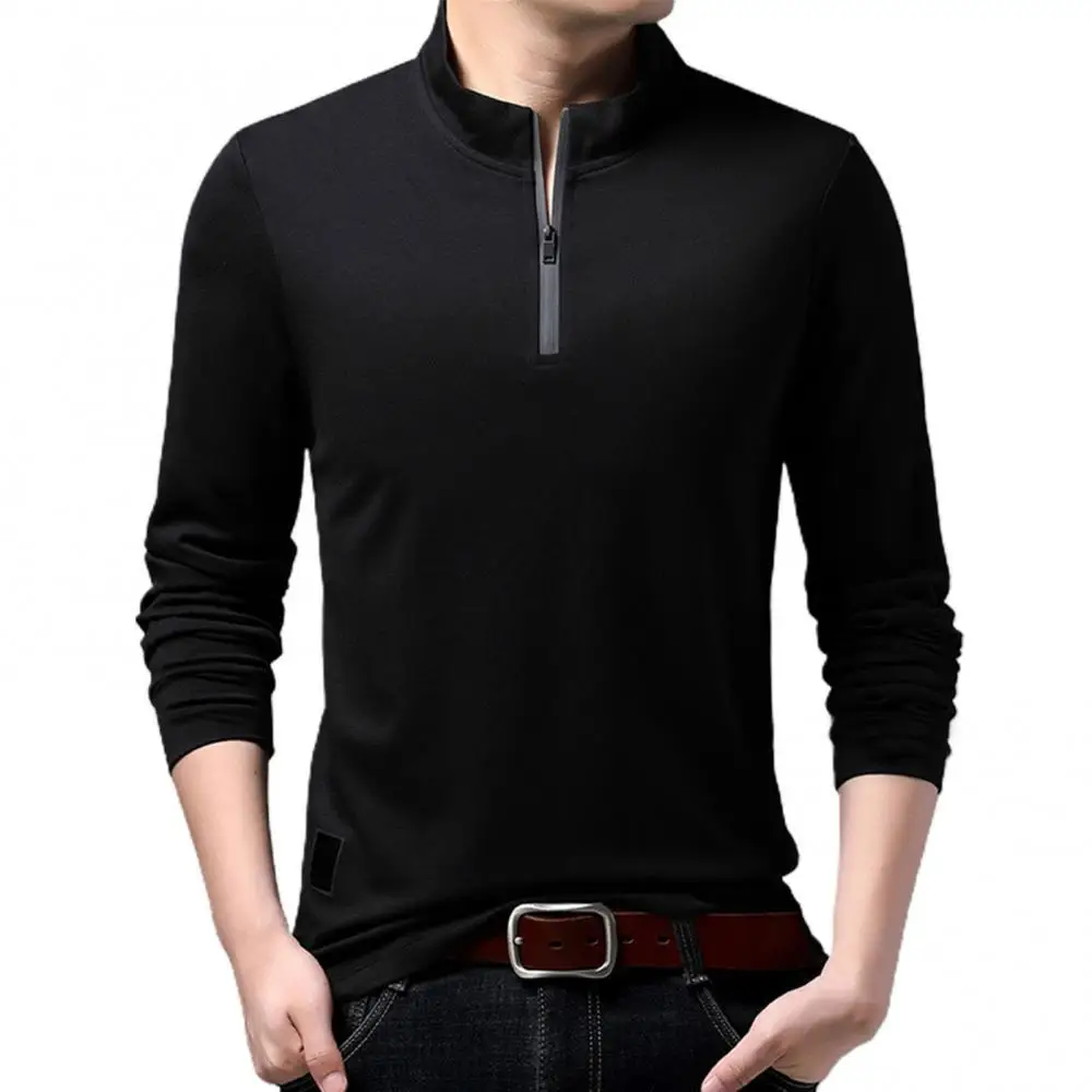 

Fashion Men Autumn Solid Color Long Sleeve Stand Collar Zipper Blouse T-shirt