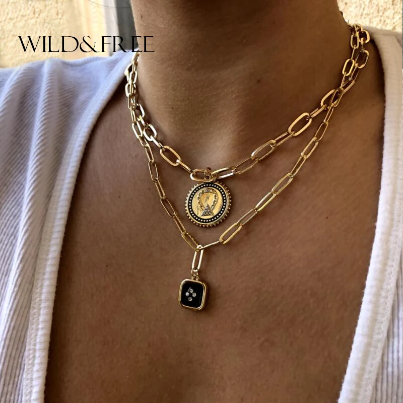 Wild& Free роскошный дизайн панк цепи геометрический кулон ожерелье Круглый колье ожерелье s для женщин модные золотые ювелирные изделия с чеканкой