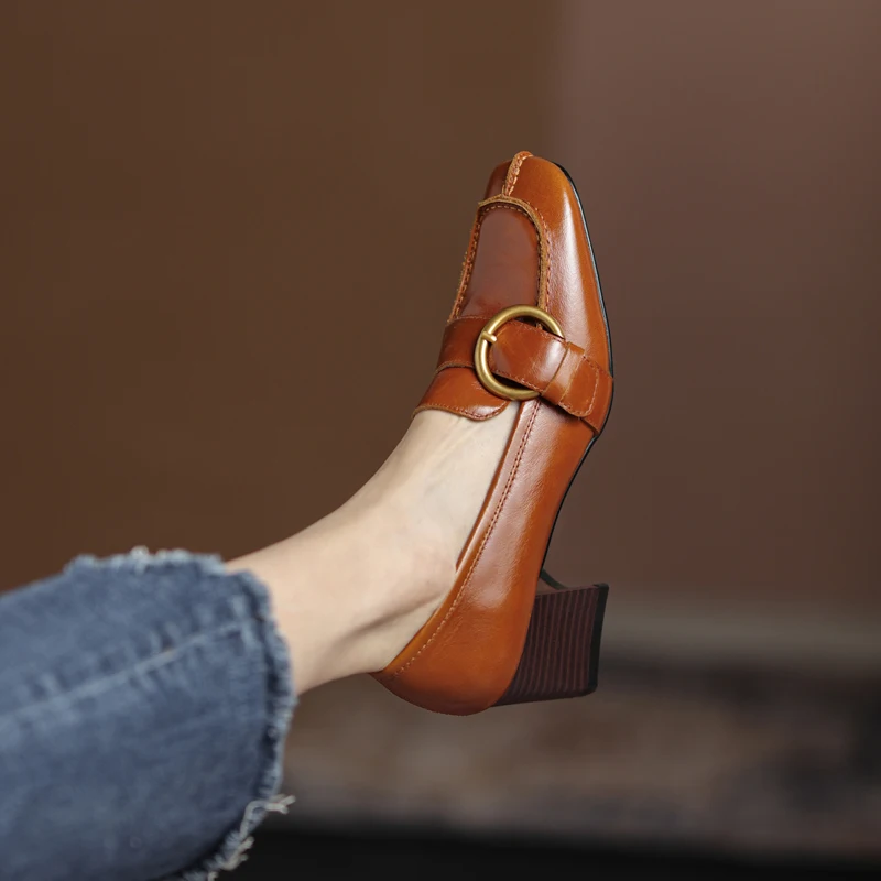 

Женские туфли LIBIELIY в стиле ретро, натуральная кожа, средний каблук, квадратный носок, повседневные туфли-оксфорды, женская обувь