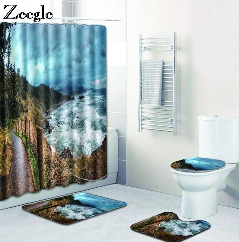 

Zeegle Scenic Printed Toilet Bath Mat Set Toilet Pedestal Rug Flannel Washable Absorbent Soft Bath Mat Set Non Slip Bathroom Rug