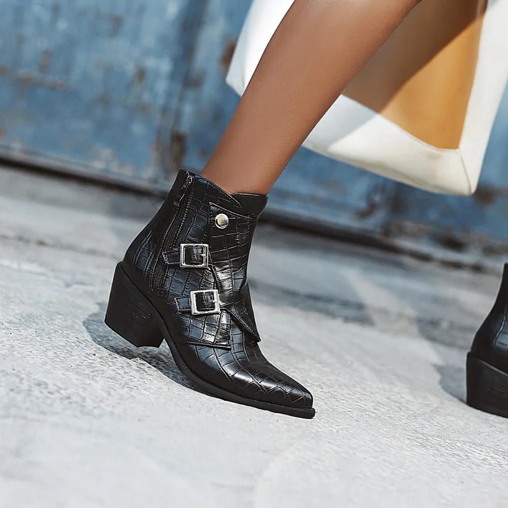 Женские ботильоны на высоком квадратном каблуке; botas zapatos mujer; зимняя кожаная обувь в стиле ретро; ботинки в ковбойском стиле; большие размеры