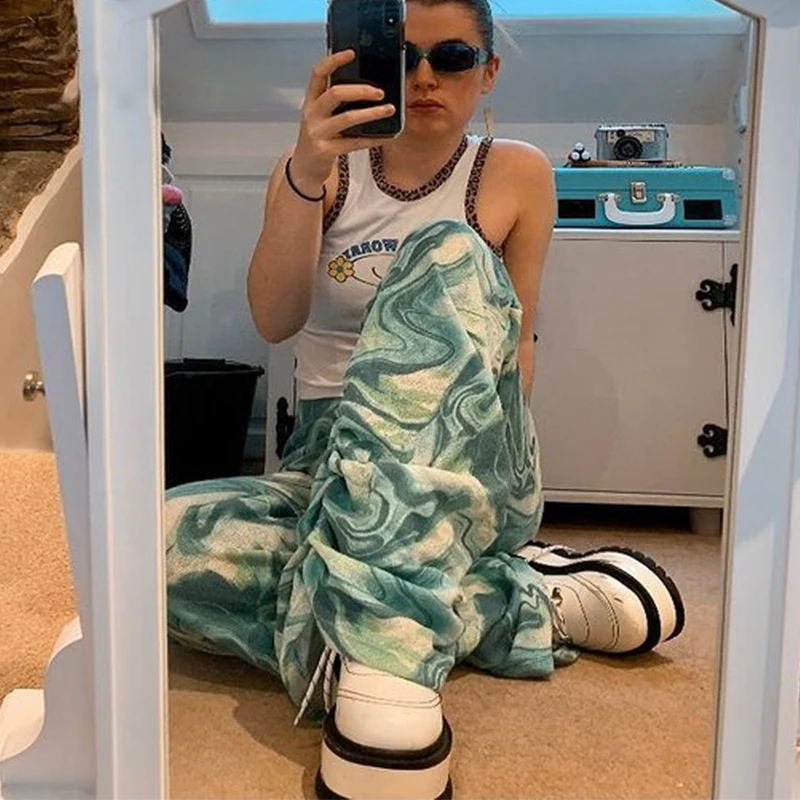 

Women Tie Dye Print Pants Casual Green High Waist Loose Fashion Wide Leg Vintage Trousers Summer Stacked Straight Sweatpants New