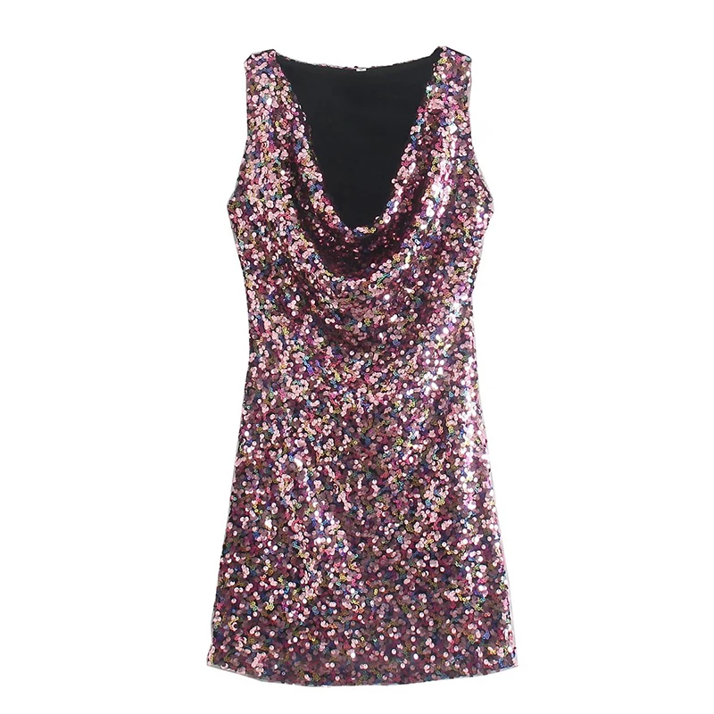 

YENKYE New 2022 Women Sexy Sleeveless Swinging Collar Multicolor Sequin Dress Ladies Party Mini Dress Vestido