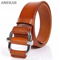 unisex personality smooth buckle metal belts solid cow cowhide leather no holes accessories belt for women styles