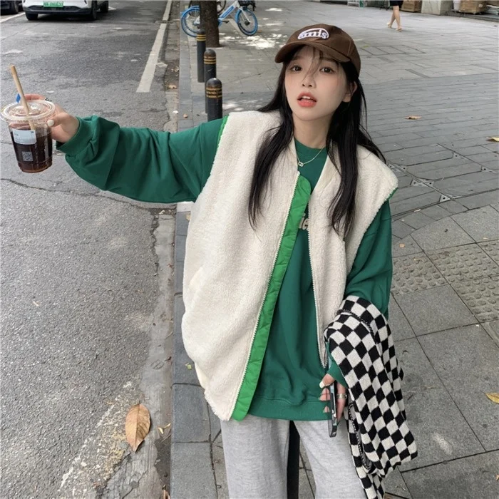 Женский Свободный жилет на молнии из овечьей шерсти | Женская одежда