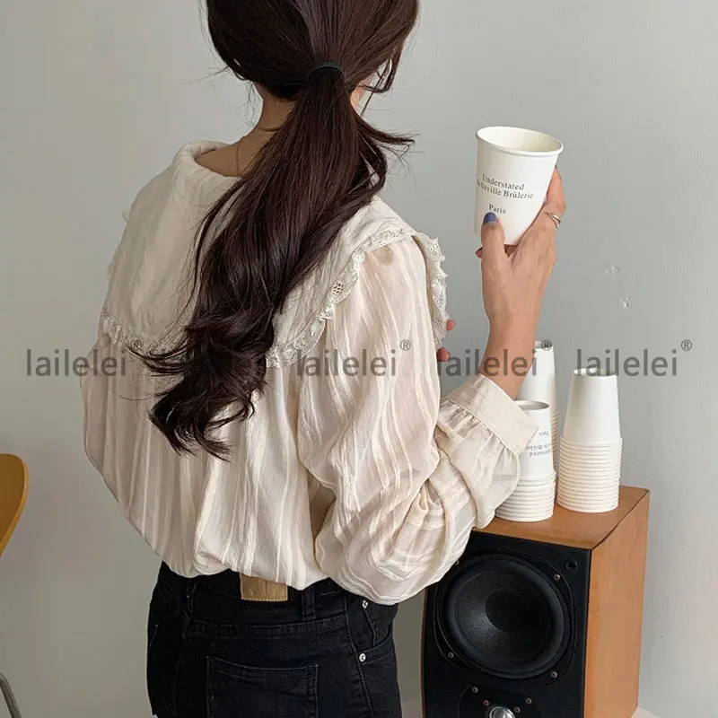 

Lace Stripe Pearl buttons Elegant Lady Blouse Women Turn-down Collar Long Sleeve Blusas Spring 2021 New Slimm Shirt Ropa Mujer