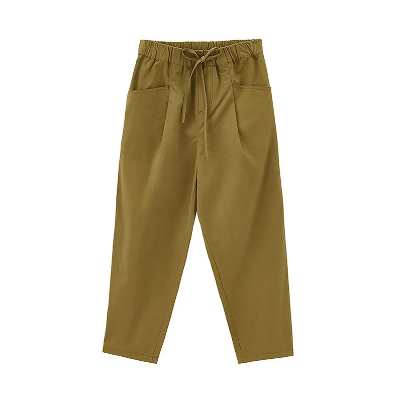 

INAMN Autumn Spring Army Green Pant Straight Slacks Slimming Women Cotton Elastic Waist With Loose Radish Ankle Long Trousers