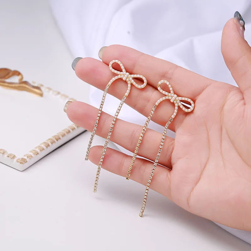 

Simulated Pearls Bow Rhinestone Long Tassel Drop Earrings Korean Trend Elegant Fashion Earrings Wedding Brides Jewelry Gift