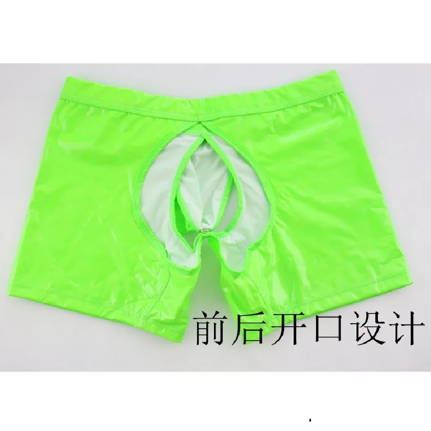 Men Patent Leather Sexual Interest Fad Dew Buttocks Boxers Low Waist Front Back Slit Gay Scrotal Pouch Separate Household Shorts | Мужская