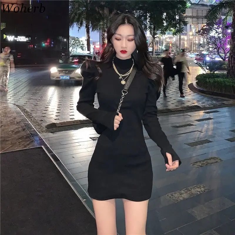 Женское трикотажное мини-платье Woherb черное облегающее платье с