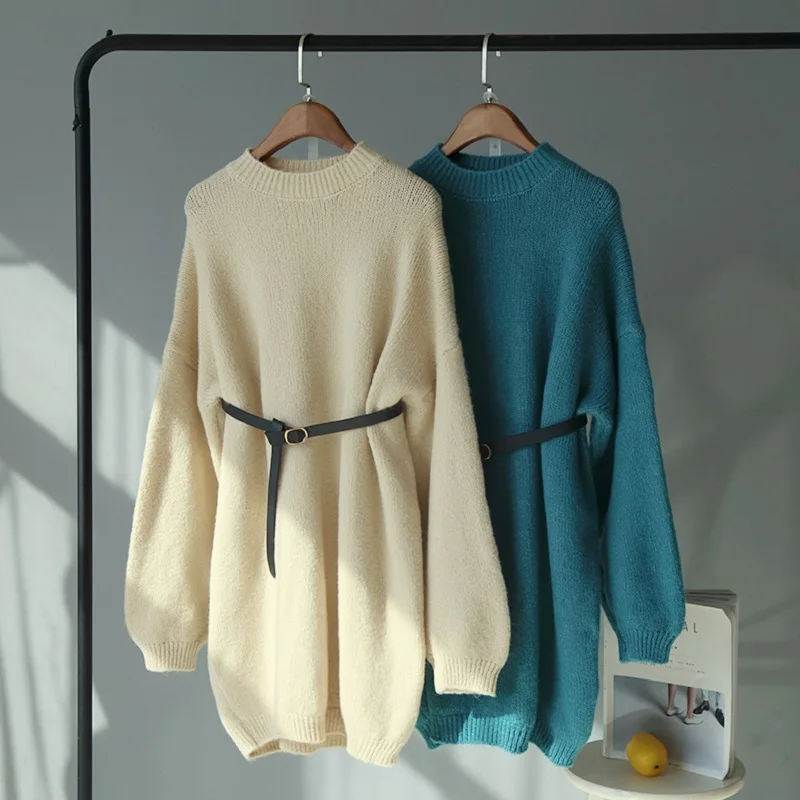 Элегантное OL Свободное длинное платье свитер с круглым вырезом женское плотное