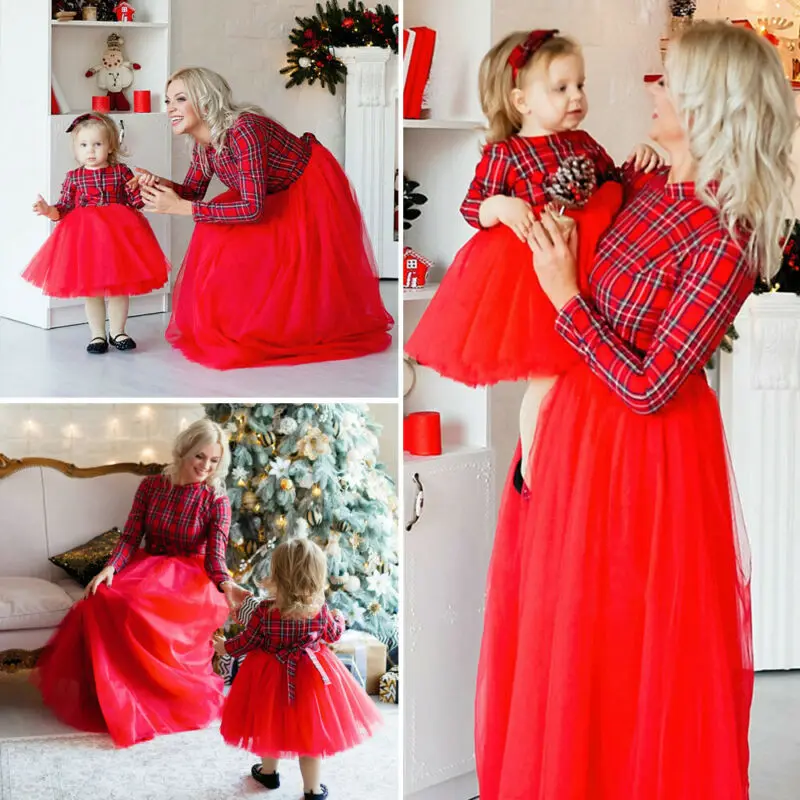 

Family Matching Clothes Mother And Daughter Dress Mom Girl Plaids Bow Maxi Dress