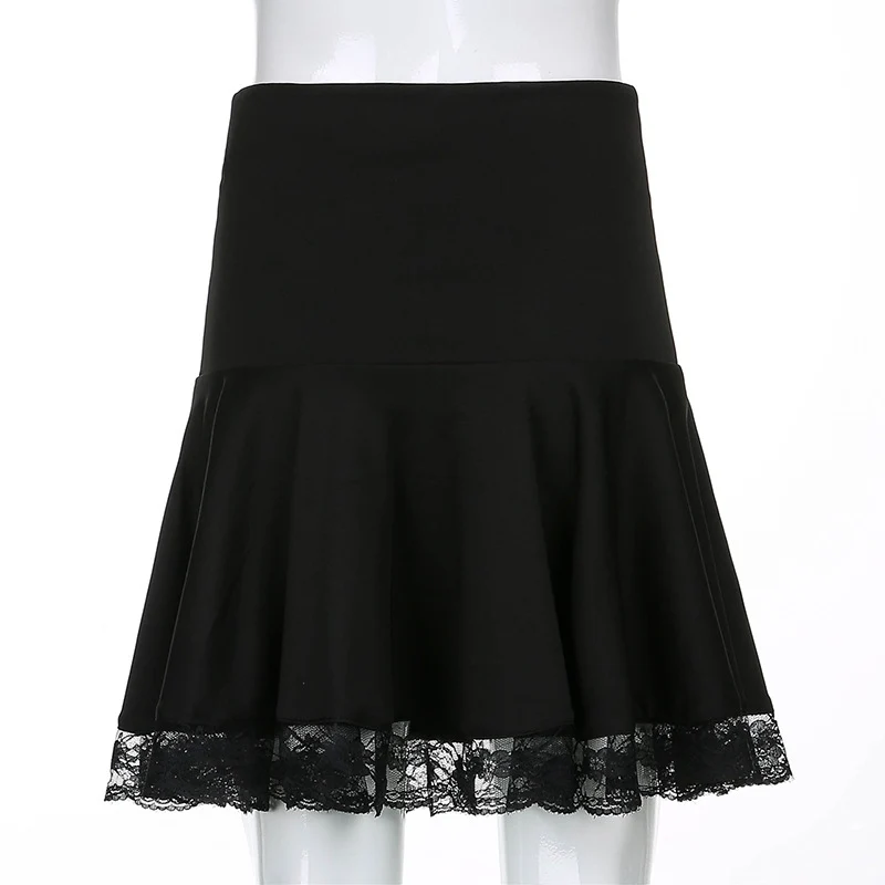 

YYXZ Spring Autumn Fashion Slim Cute Sexy Dark Style Patchwork Lace High Waist Black SML Woman Casual Skirt Lady A-line Skirt