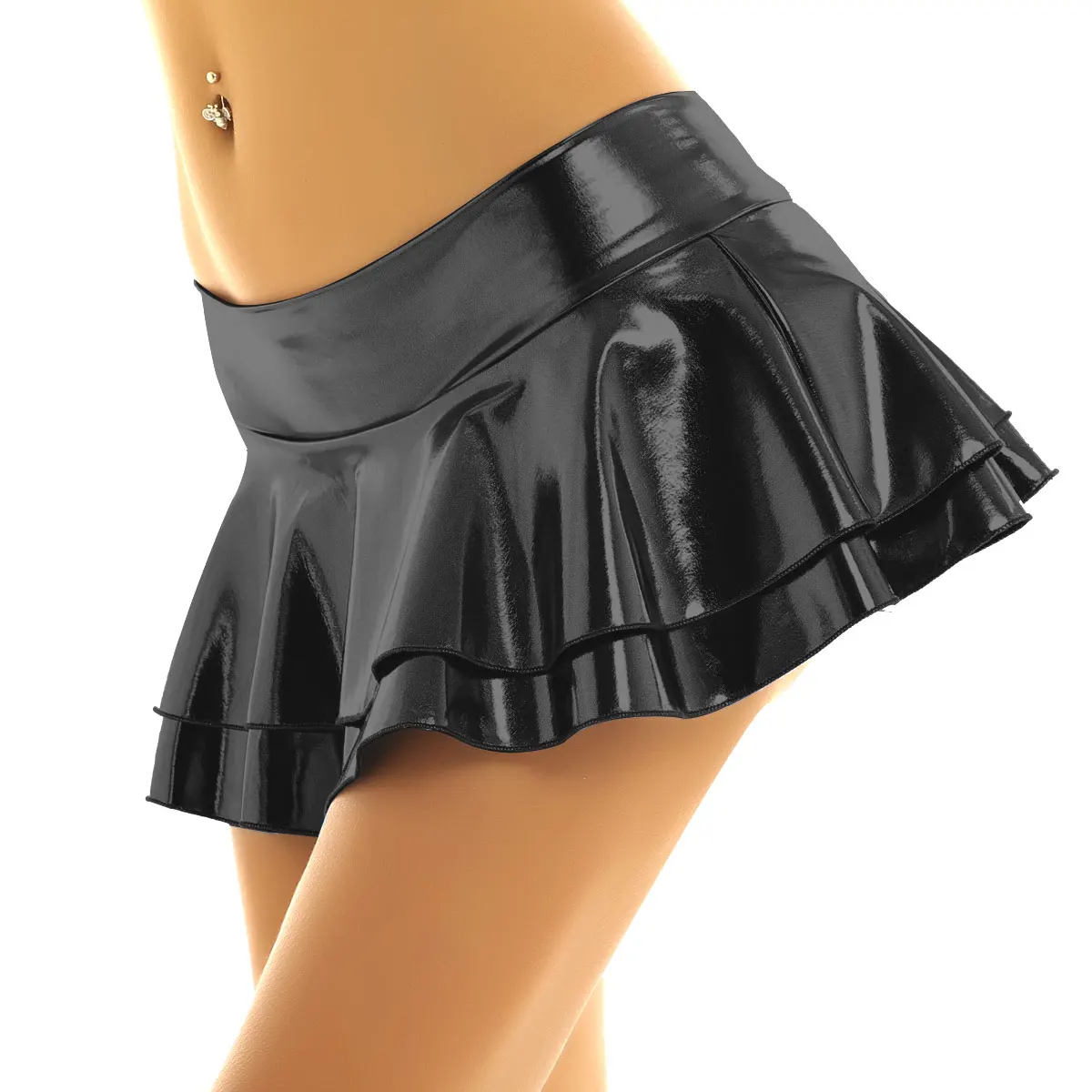 

Women High Street Miniskirts Summer Low Rise Layered Ruffled Skirt Shiny Metallic Rave Mini Skirts Pole Dance Costume Clubwear