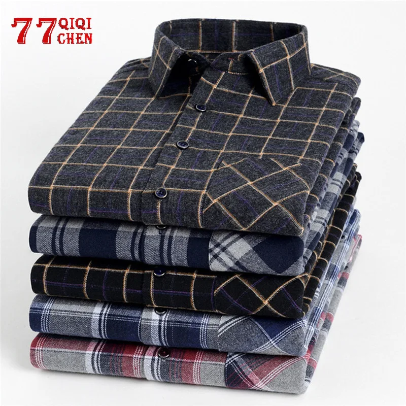 Мужская Фланелевая рубашка с начесом модная в клетку одним карманом и длинными