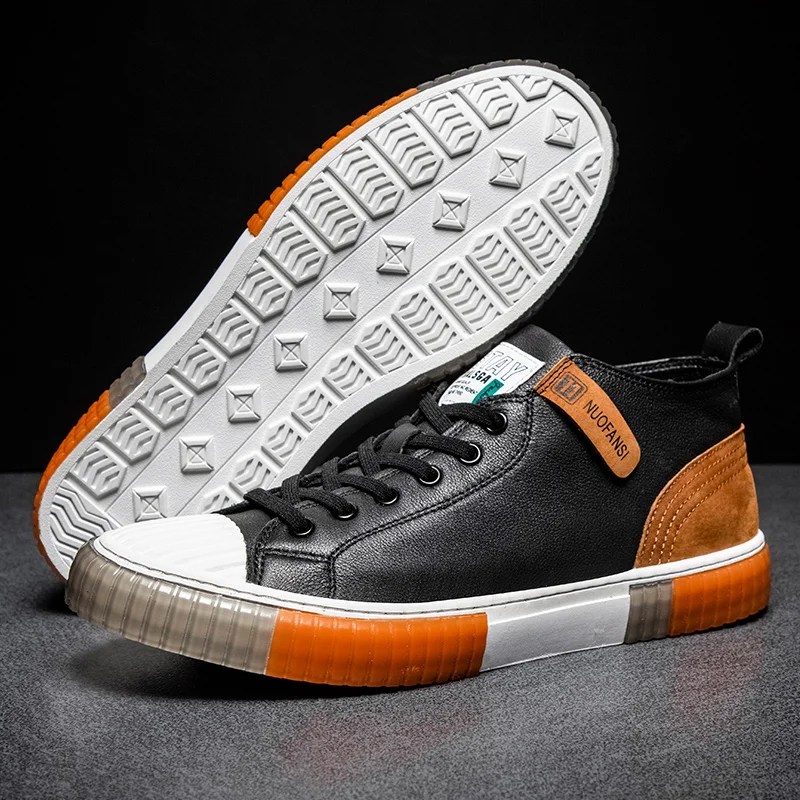 Online Sepatu Kasual Pria Kulit Kualitas Tinggi Sneakers Uniseks Sepatu Olahraga Pria High Top Sepatu Pelatih Renda Putih Sepatu Bot Pergelangan Kaki