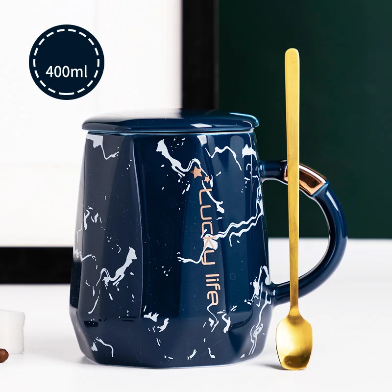 Мраморная керамическая чашка для кофе и чая с крышкой ложкой 400 мл сока молока