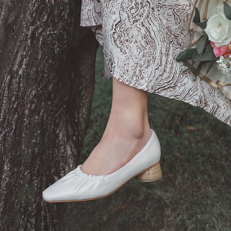 

MORAZORA 2021 Women Pumps Genuine Leather Shallow Ladies Single Shoes Fashion Pleated Summer Party Dress Shoes Rice White