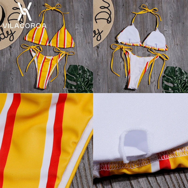 

Sexy Striped Print Ladies Bikini Spaghetti Strap Lace-up Swimsuit Set Halter Top Backless Beachwear Vacation Swimsuit Bikini