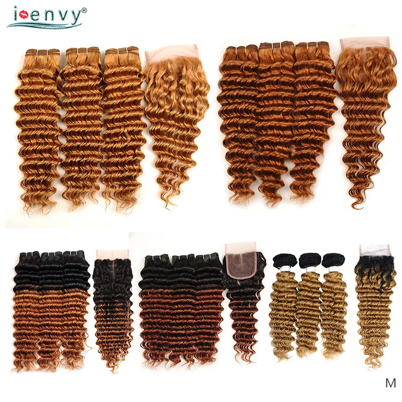 Blonde Deep Wave Bundles With Closure Brazilian Human Hair Weave Ombre Brown Blonde Bundles With Closure Colored Hair Non-remy