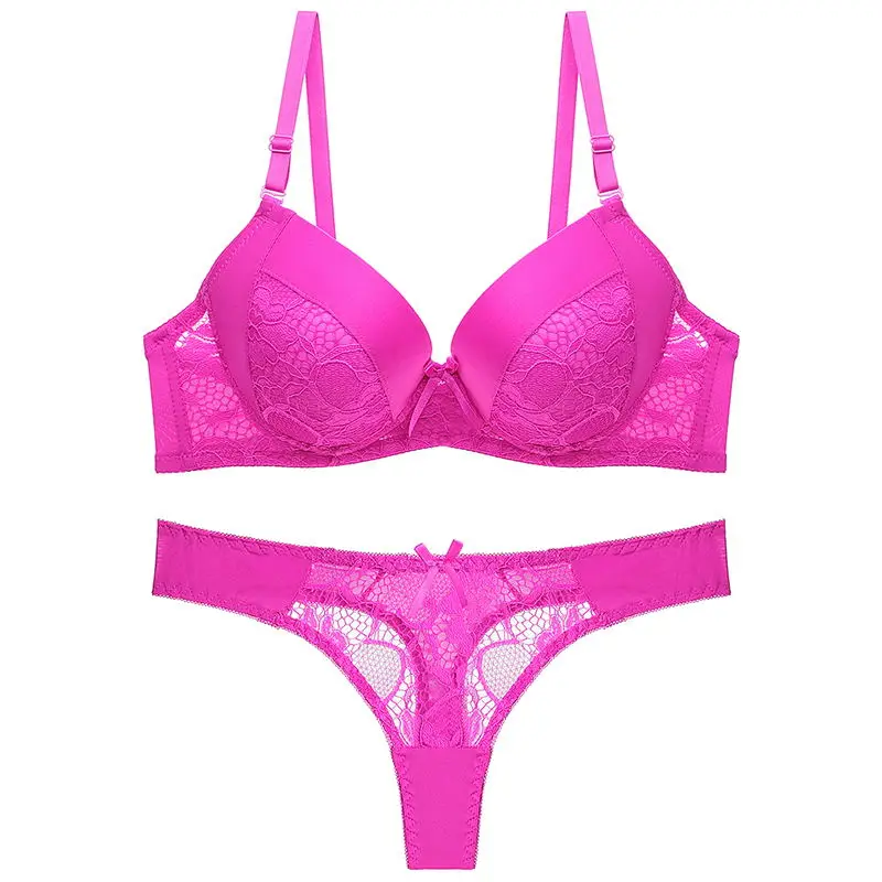 rose Julexy New Hollow out sexy tongs Women Bra Set B C Cup Intimates Lace G string Underwear Set Solid Sexy Bra And Panty Sets - Цвет: rose