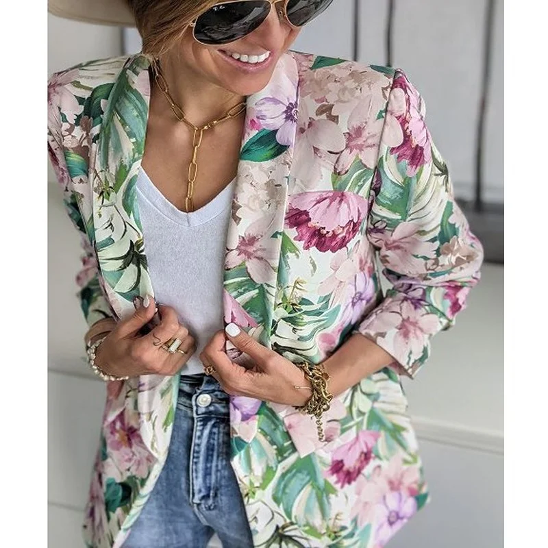 

2021 New Fashion Elegant Slim Turn-down Collar Print Suit Coat Casual Long Sleeve Cardigan Office Lady Autumn Streetwear Jacket