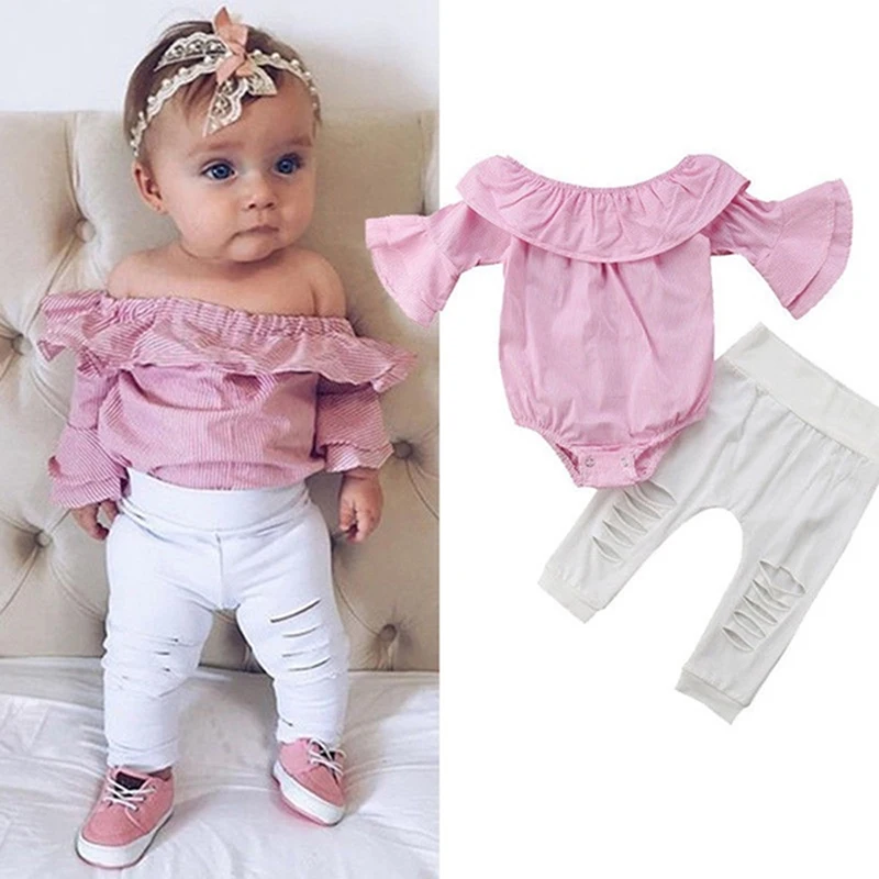 

Newborn Clothes Romper + Broken Hole Pants Girls 2pcs Suit Baby Boy Clothing Sets Infant Kids Clothing Outfit Striped Romper