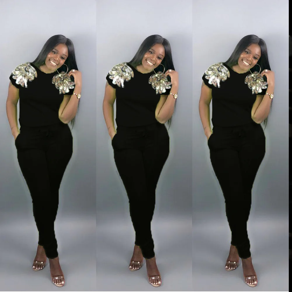 Женский костюм двойка с блестками Повседневная летняя футболка круглым вырезом