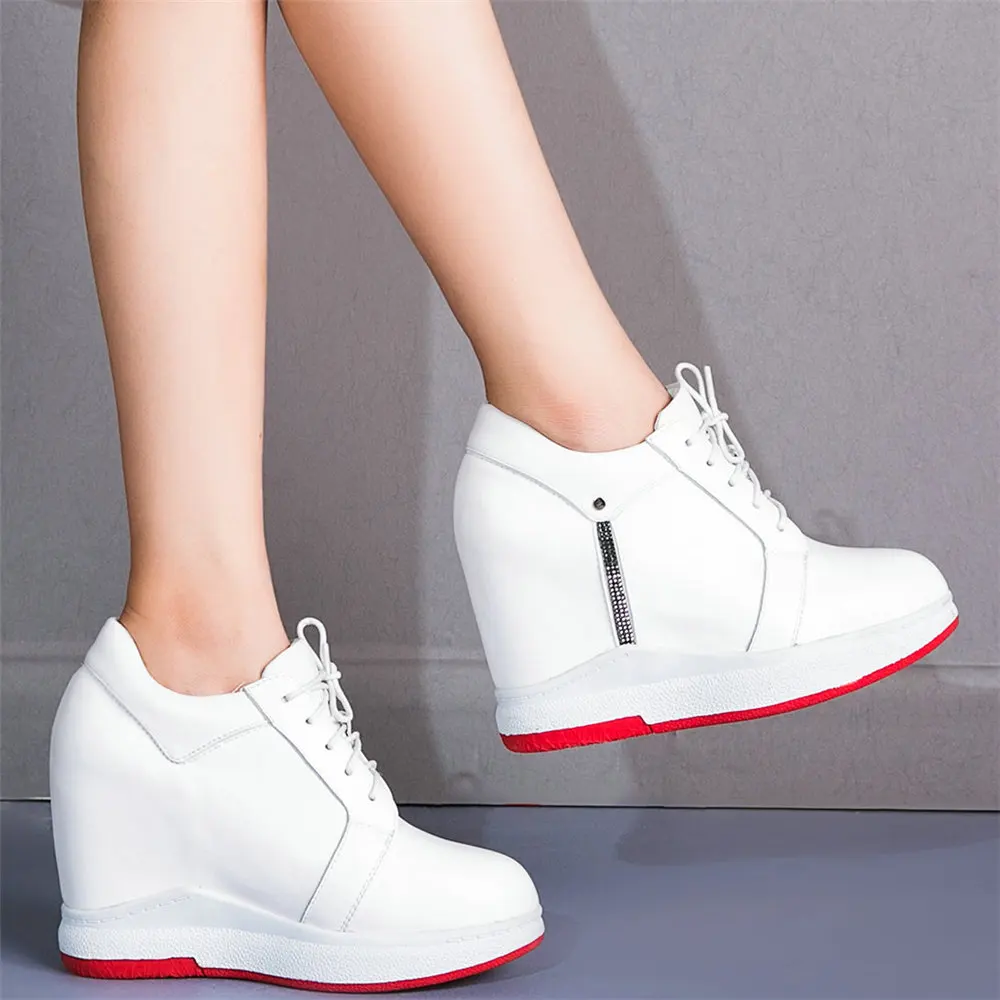 

Fashion Sneakers Women Lace Up Genuine Leather Wedges High Heel Motorcycle Boots Female Low Top Round Toe Platform Pumps Shoes