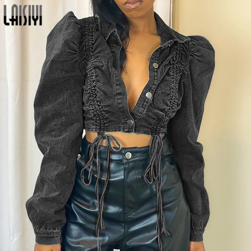 

Women Fashion Denim Single Breasted Women's Coat Bandage Sexy Women Tops Loose Short Long Sleeve Lapel Sexy Navel Clothes