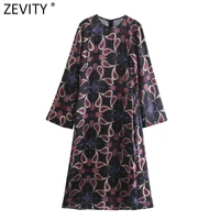 zevity 2022 women vintage cashew nuts print kimono midi dress female chic long sleeve back zipper casual slim vestidos ds9084