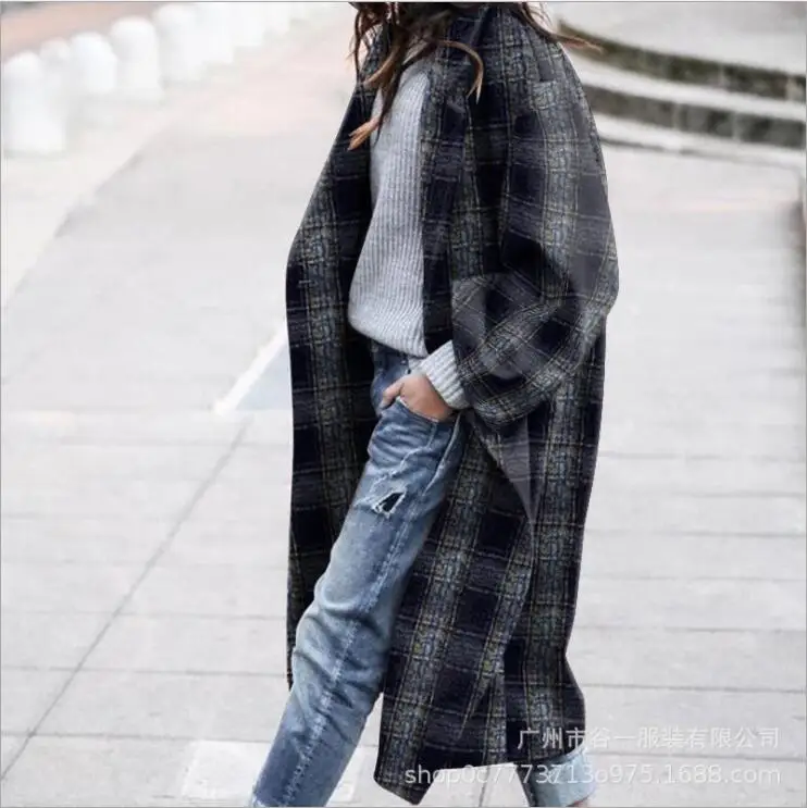 

Mandylandy Women's Casual Plaid Long Coat Spring and Autumn Fashion Single Button Long Sleeve Turn-down Collar Jacket