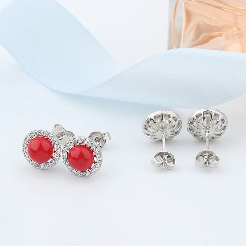 Серьги-гвоздики с красными белыми бусинами 925 пробы серебряные серьги для женщин