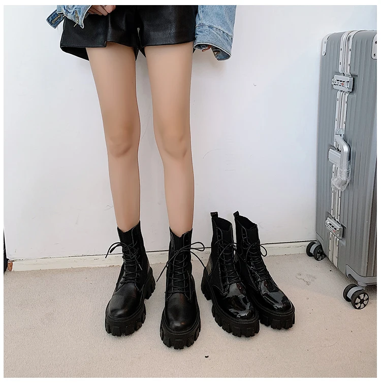 Ботинки женские из лакированной кожи на шнуровке платформе теплые зимние