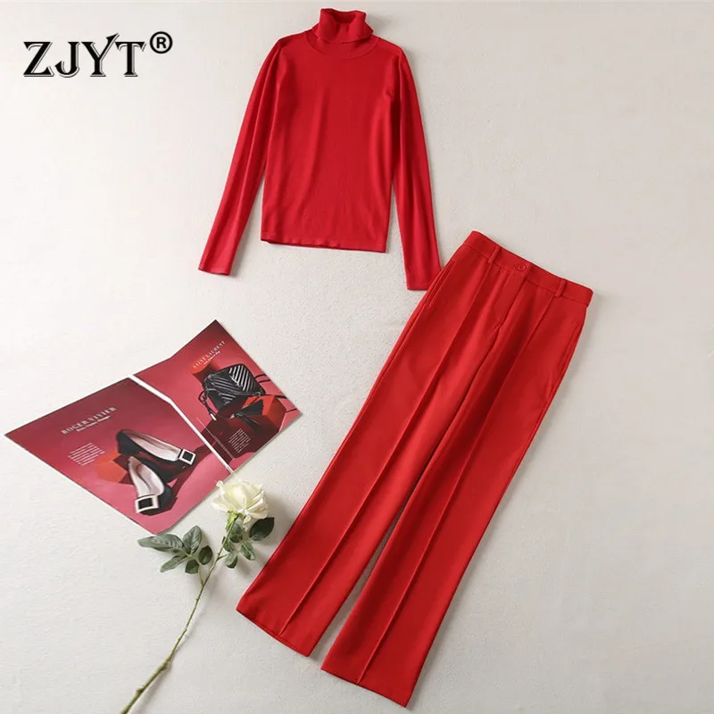 

2022 Spring Runway Fashion Office Lady Trousers Suit Women's Turtleneck Knitted Top with Pants Set Woman 2 Pieces Party Outfit