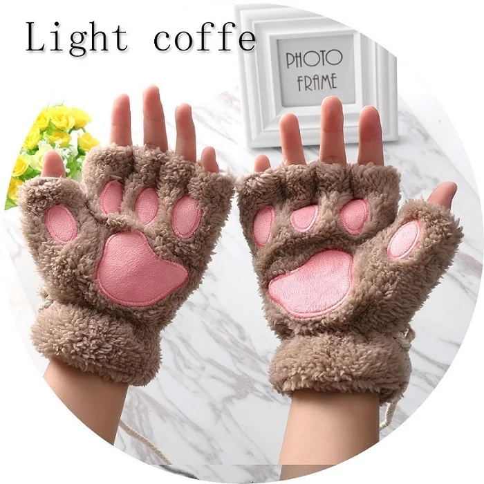 light coffee Зимние женские перчатки милые теплые перчатки без пальцев пушистый медведь кошка плюшевая лапа коготь Половина пальца Luva Peluche Modis Eldiven - Цвет: light coffee
