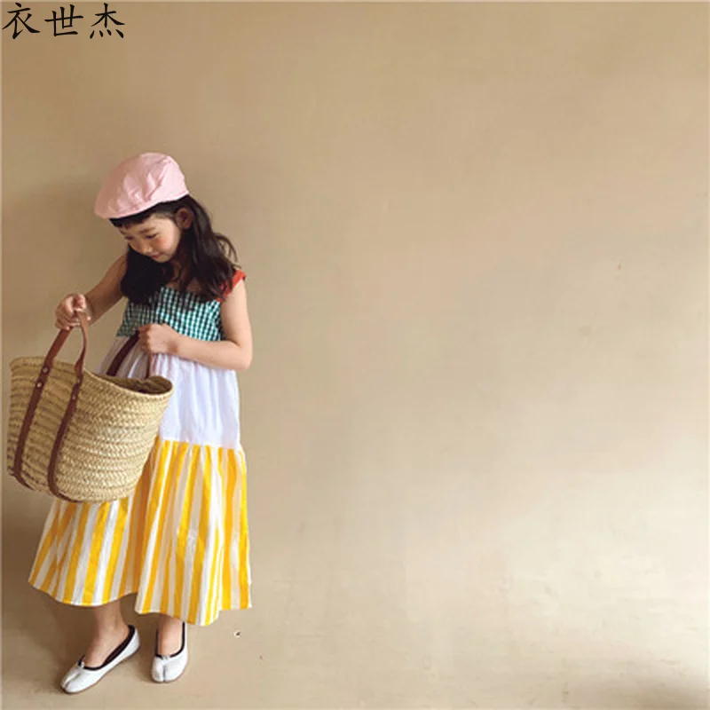 

2021 summer children's clothing, girls' new middle and big children's clothing, color matching fashion dress with sling