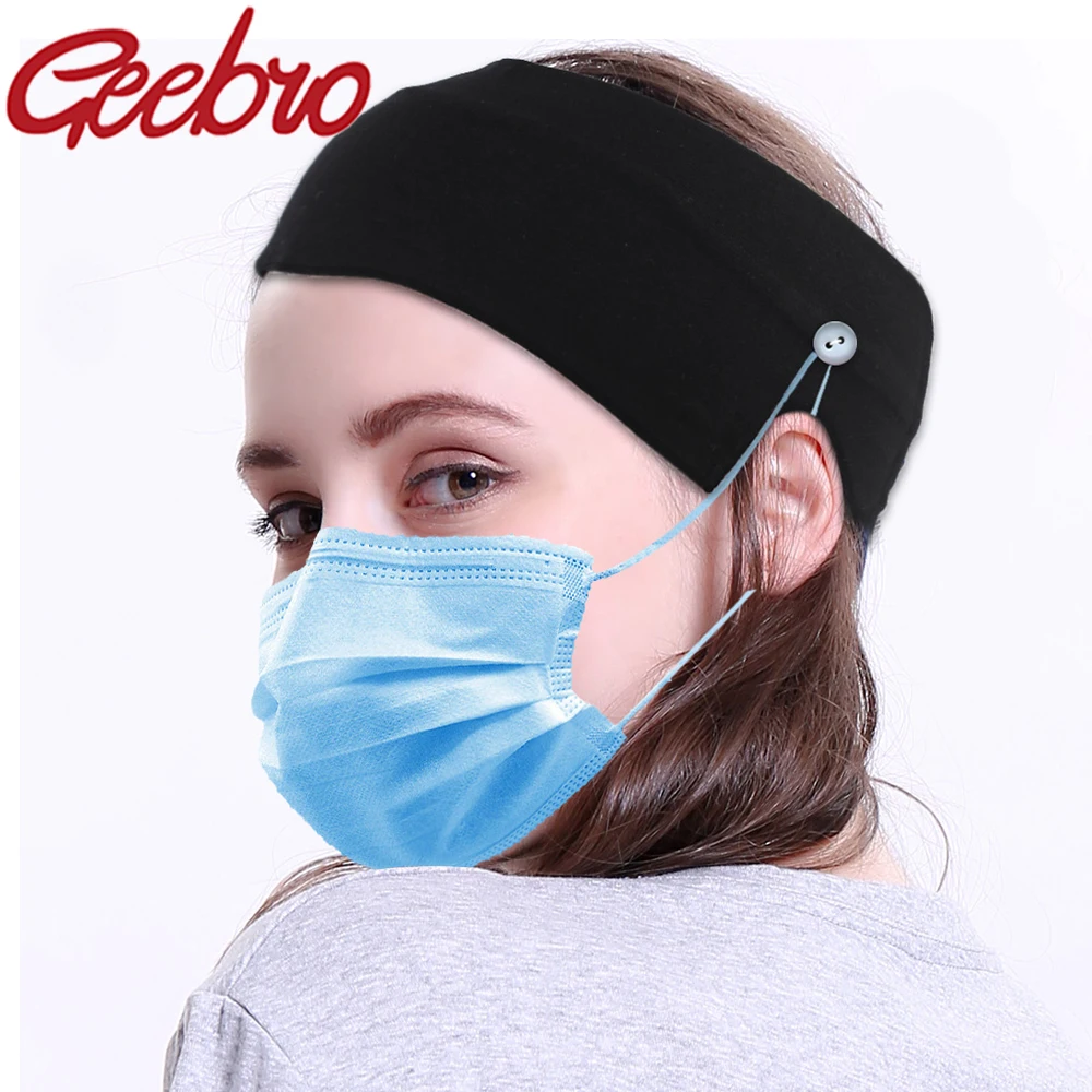 

Geebro Women Headband With Button Cotton Hair Bandanna Summer Solid Color Head Wear For Ear Protection Facemask Yoga With Buckle