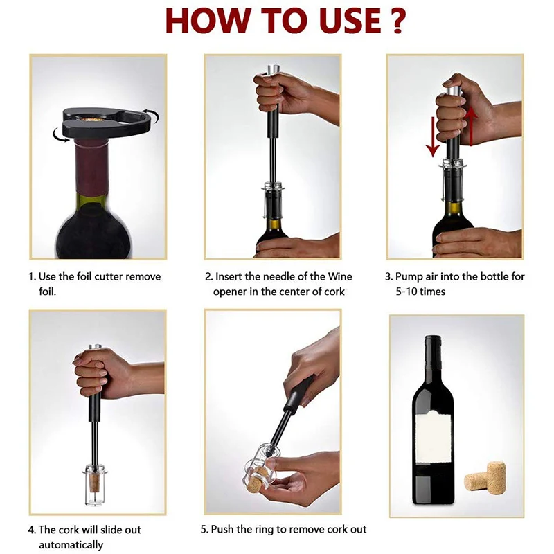 

Wine Opener, Wine Air Pressure Pump Opener Set, Wine Bottle Cork Remover Pump Tool Kit Corkscrew with Foil Cutter, Wine Aerator