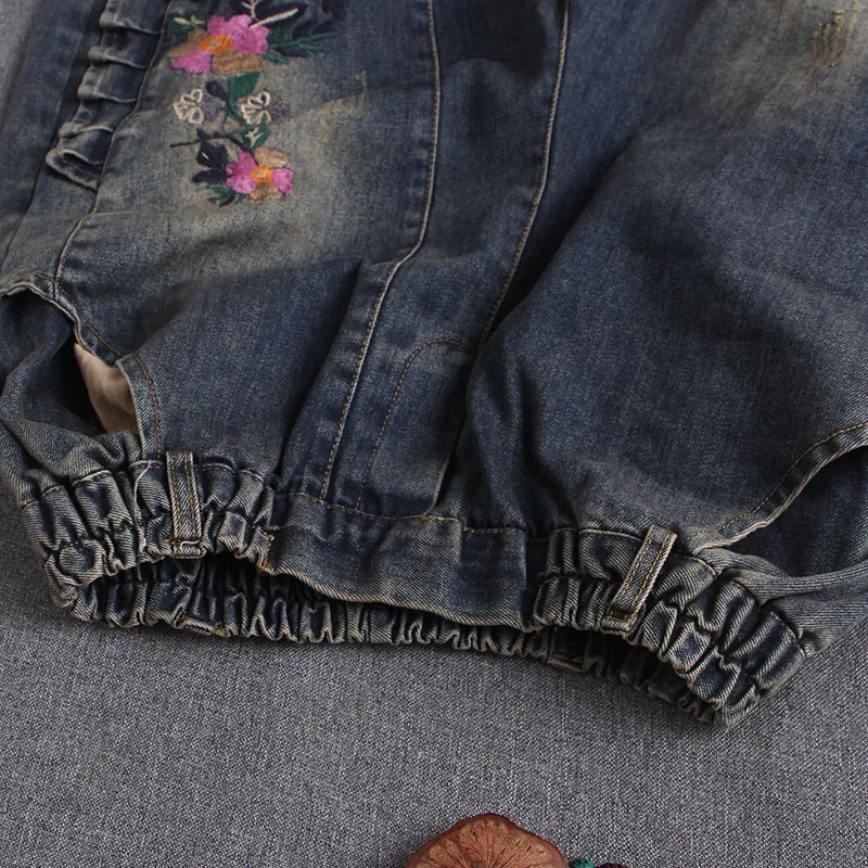 Джинсы женские с вышивкой и цветами модные повседневные Длинные свободные