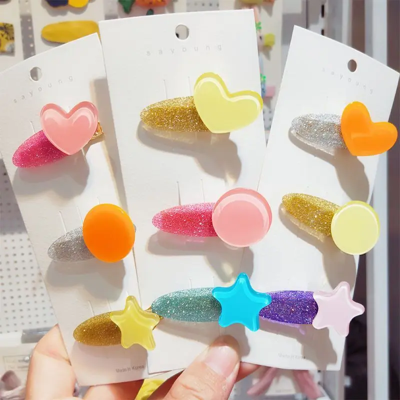 3 шт. милые заколки для волос с блёстками маленькое сердце/круглая/звезда