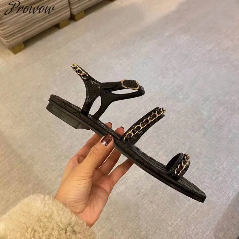 

Prowow Summer Flat Sandals Women Luxury Designer Gladiator Sandals Women Chain Rome Ladies Beach Shoes