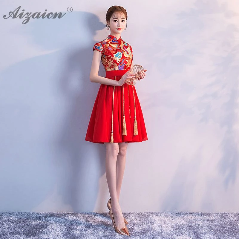 Женское атласное платье Ципао красное винтажное свадебное невесты модель Qi Pao