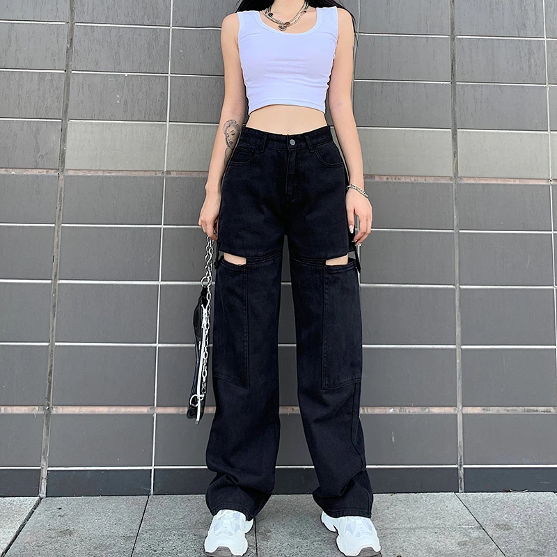 

2021 Vintage Hollow Out Women'S Jeans Pockets White Harajuku Korean Baggy Straight Pants StreetWear Wide Leg Jeans