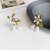 925 silver needle jewelry earrings hot selling fresh design simulated teardrop pearl white green flower earrings women jewelry